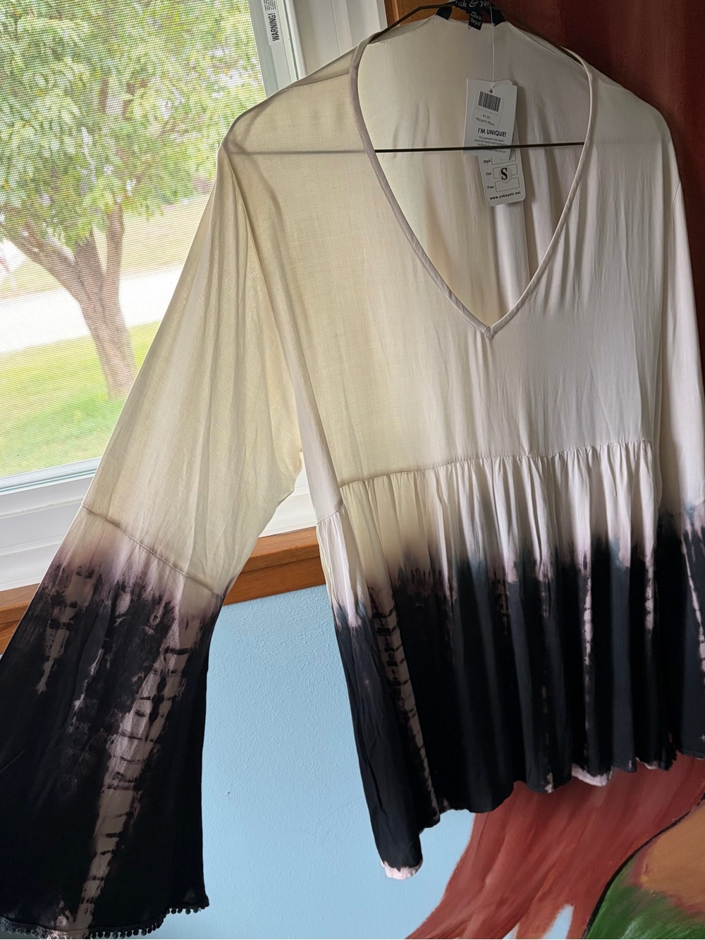 Ombre V-Neck Bell Sleeve Top in Light Cream and Black - Women’s